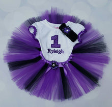 Load image into Gallery viewer, First Birthday Tutu Set - Purple and Black Tutu - Purple Tutu - First Birthday Bodysuit - Black Tutu - Cake Smash - Custom Embroidery Set