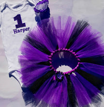 Load image into Gallery viewer, First Birthday Tutu Set - Purple and Black Tutu - Purple Tutu - First Birthday Bodysuit - Black Tutu - Cake Smash - Custom Embroidery Set