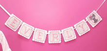 Load image into Gallery viewer, Name Banner - Baby Name Banner - Nursery Decor - Personalized Embroidery - Embroidery Name Banner - Name Bunting - Embroidery Name Bunting