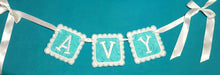 Load image into Gallery viewer, Name Banner - Baby Name Banner - Nursery Decor - Personalized Embroidery - Embroidery Name Banner - Name Bunting - Embroidery Name Bunting