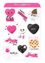 Load image into Gallery viewer, Anti-Valentine Sticker Sheet - Love Bites - Love Stinks - Personalized Stickers