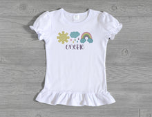 Load image into Gallery viewer, Springtime Rainbow Rain Cloud Sunshine Embroidered Top