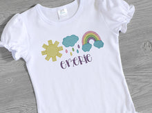 Load image into Gallery viewer, Springtime Rainbow Rain Cloud Sunshine Embroidered Top