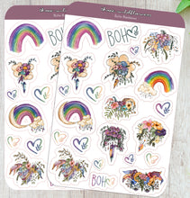 Load image into Gallery viewer, Boho Beauty Sticker Sheet, Watercolor Rainbows and Floral Feathers Stickers