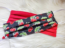 Load image into Gallery viewer, Ready to Ship Reusable Cotton Face Mask with Pocket for filter. Retro cherries on polka dots
