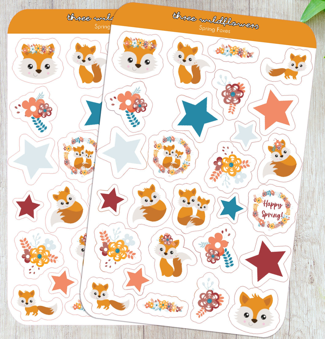 Fox Sticker Sheet, Floral Foxes Stickers, Spring Foxes