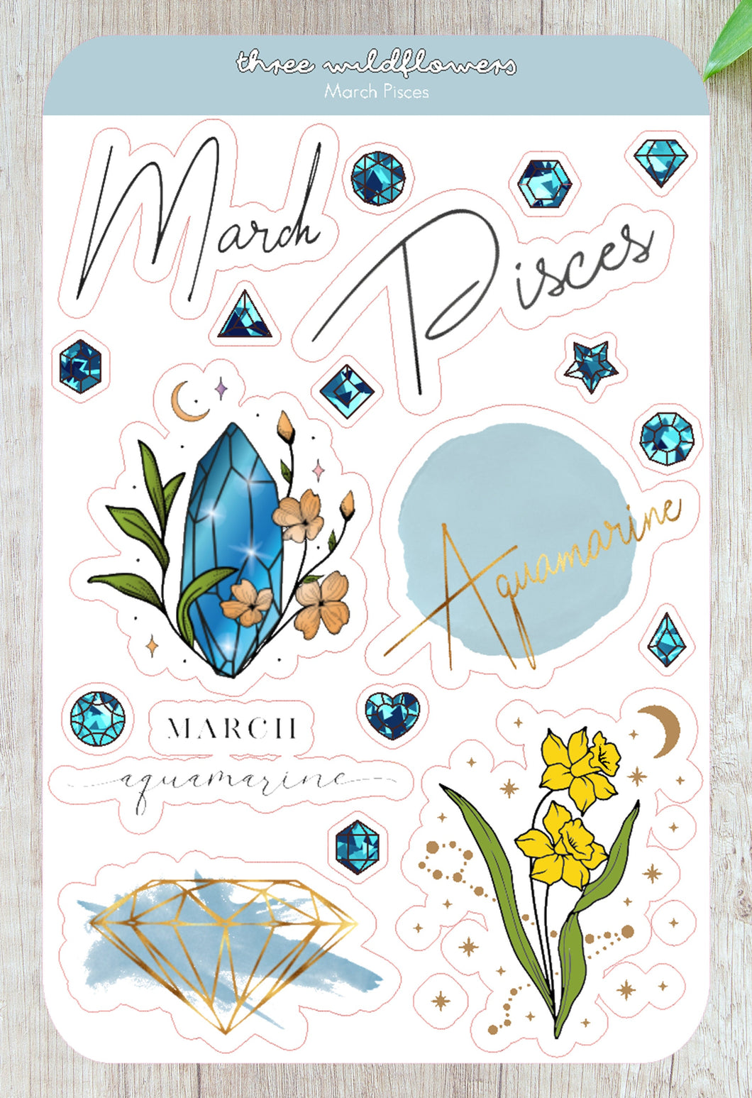 March Pisces Stickers - March Birthday Sticker - Daffodil Stickers - Aquamarine Birthstone Sticker