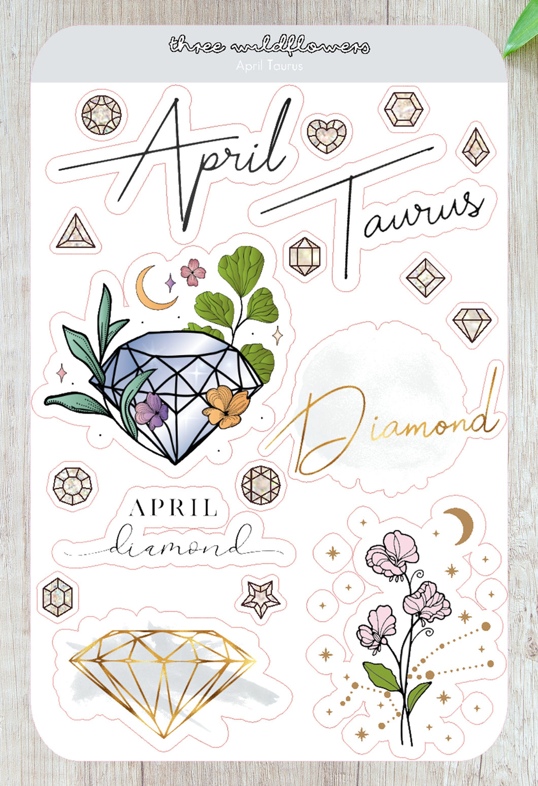 April Taurus Stickers - April Birthday Sticker - Sweet Pea Stickers - Diamond Birthstone Sticker