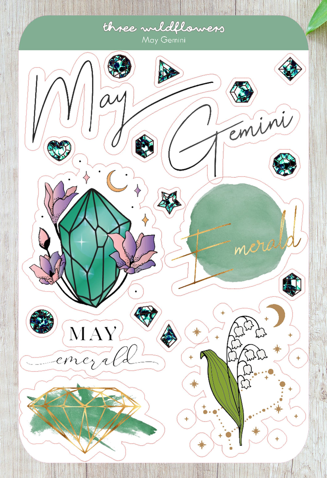May Gemini Stickers - May Birthday Sticker - Lily of the Valley Stickers - Emerald Birthstone Sticker