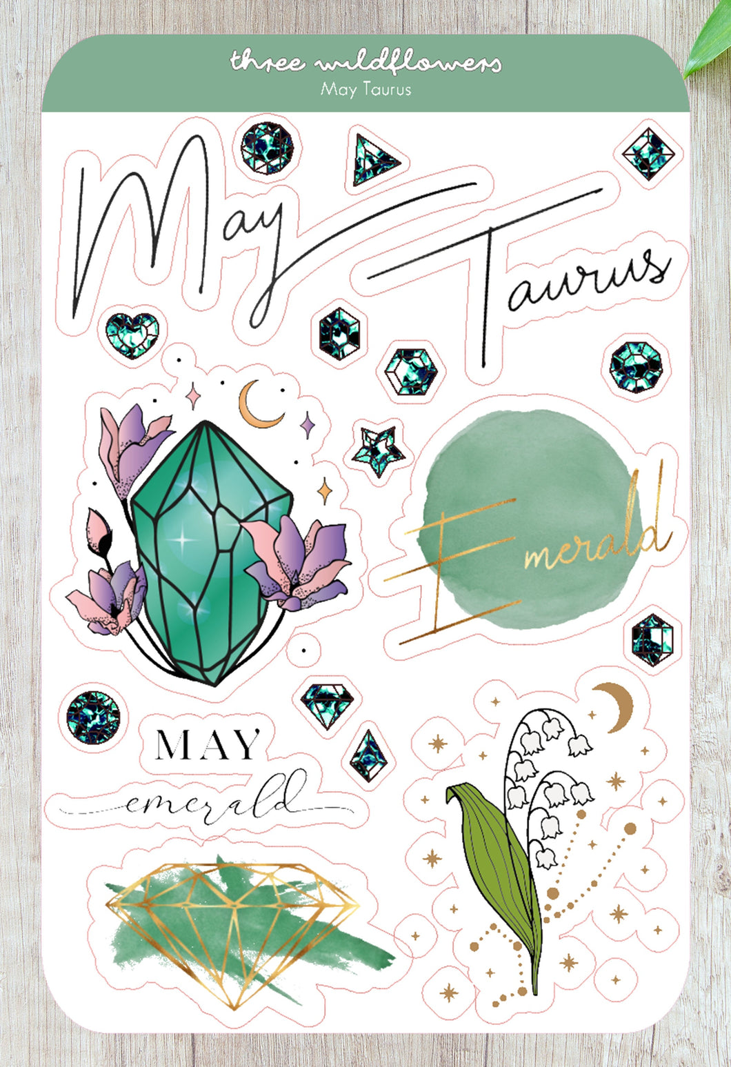 May Taurus Stickers - May Birthday Sticker - Lily of the Valley Stickers - Emerald Birthstone Sticker