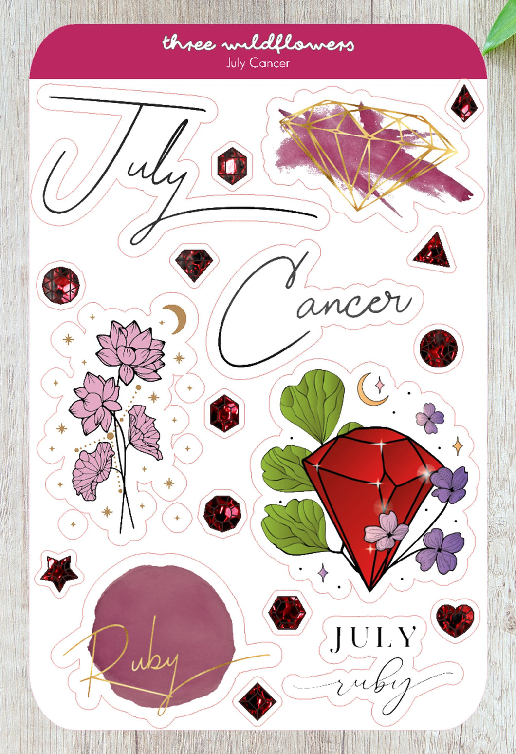 July Cancer Stickers - July Birthday Sticker - Water Lily Stickers - Ruby Birthstone Sticker