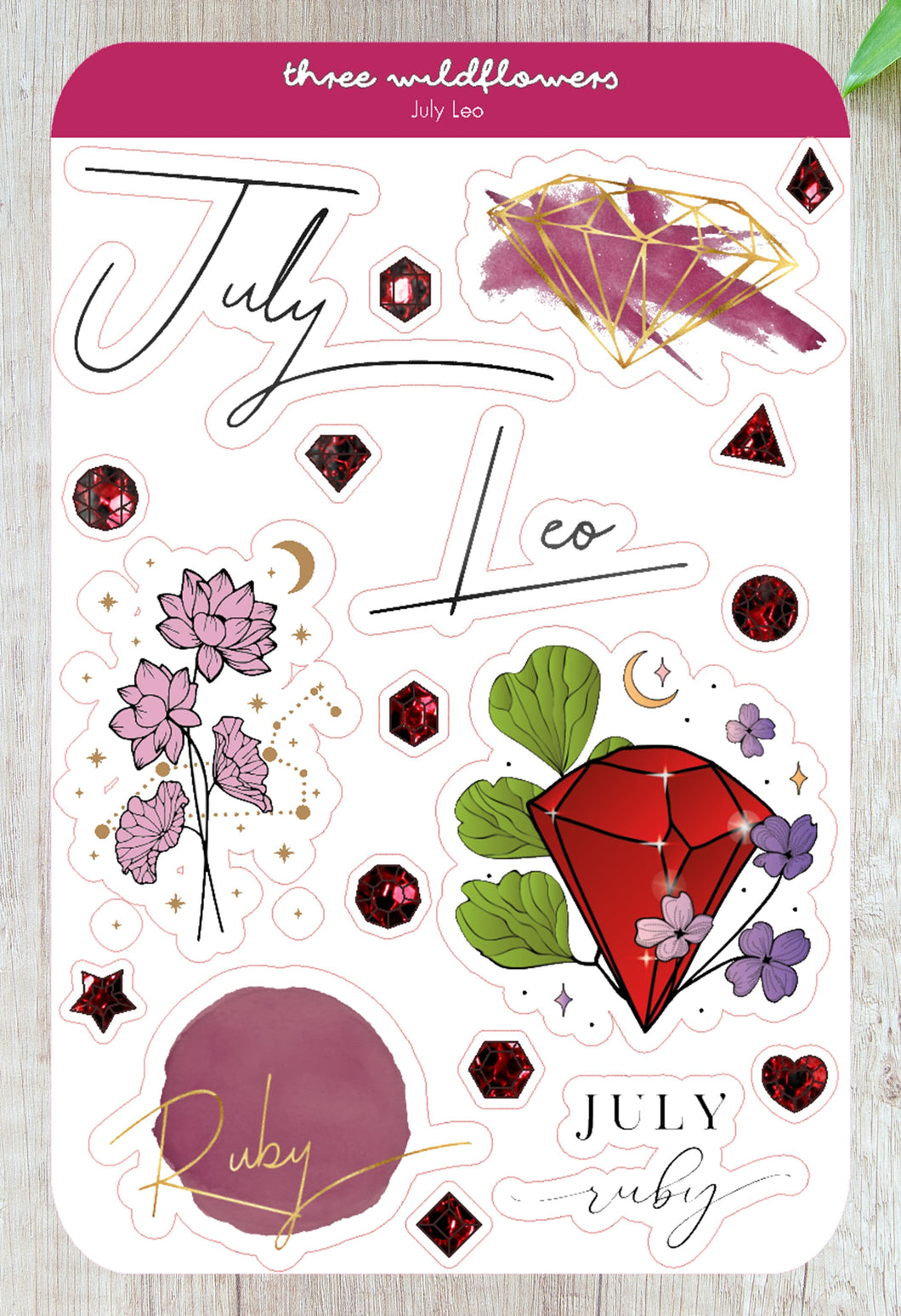 July Leo Stickers - July Birthday Sticker - Water Lily Stickers - Ruby Birthstone Sticker