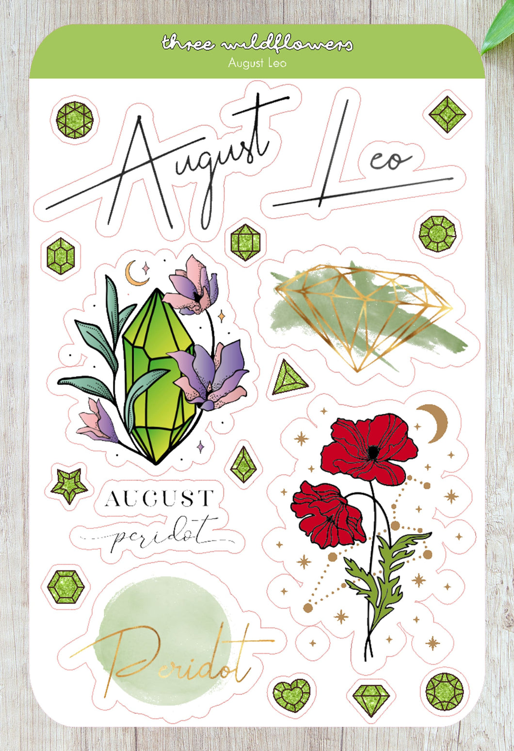 August Leo Stickers - August Birthday Sticker - Poppy Stickers - Peridot Birthstone Sticker