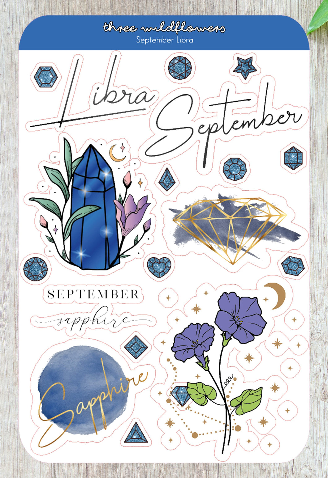 September Libra Stickers - September Birthday Sticker - Morning Glory Stickers - Sspphire Birthstone Sticker