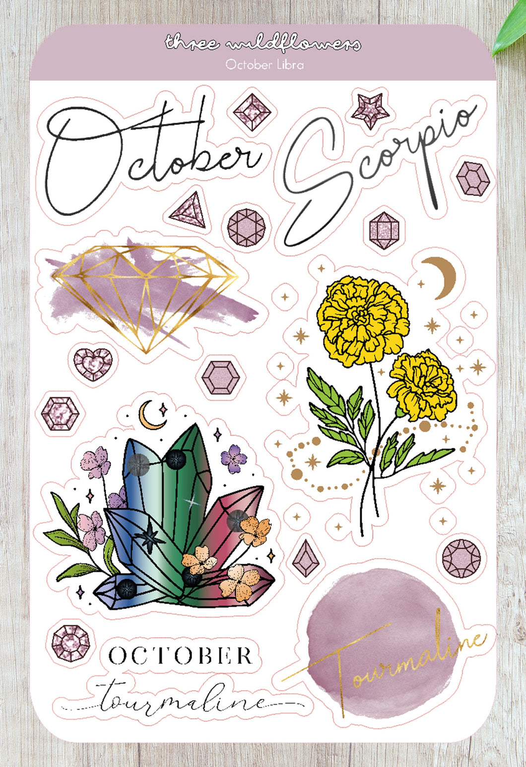 October Scorpio Stickers - October Birthday Sticker - Marigold Glory Stickers - Tourmaline Birthstone Sticker