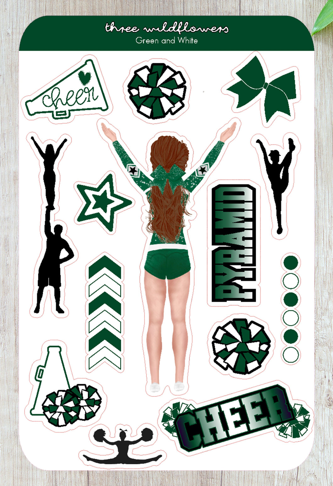 Cheerleader Sticker Sheet Green and White School Team Colors